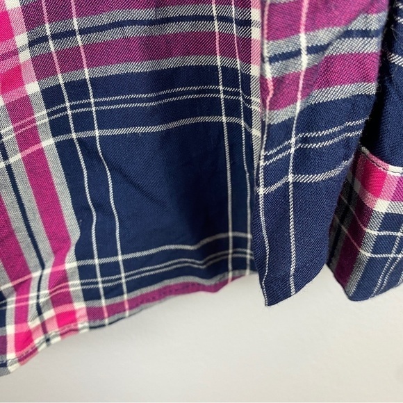 G.H. Bass Coastal Nautical Plaid Long Sleeve Lace Up Neck Blouse Large Blue Pink - Picture 6 of 9